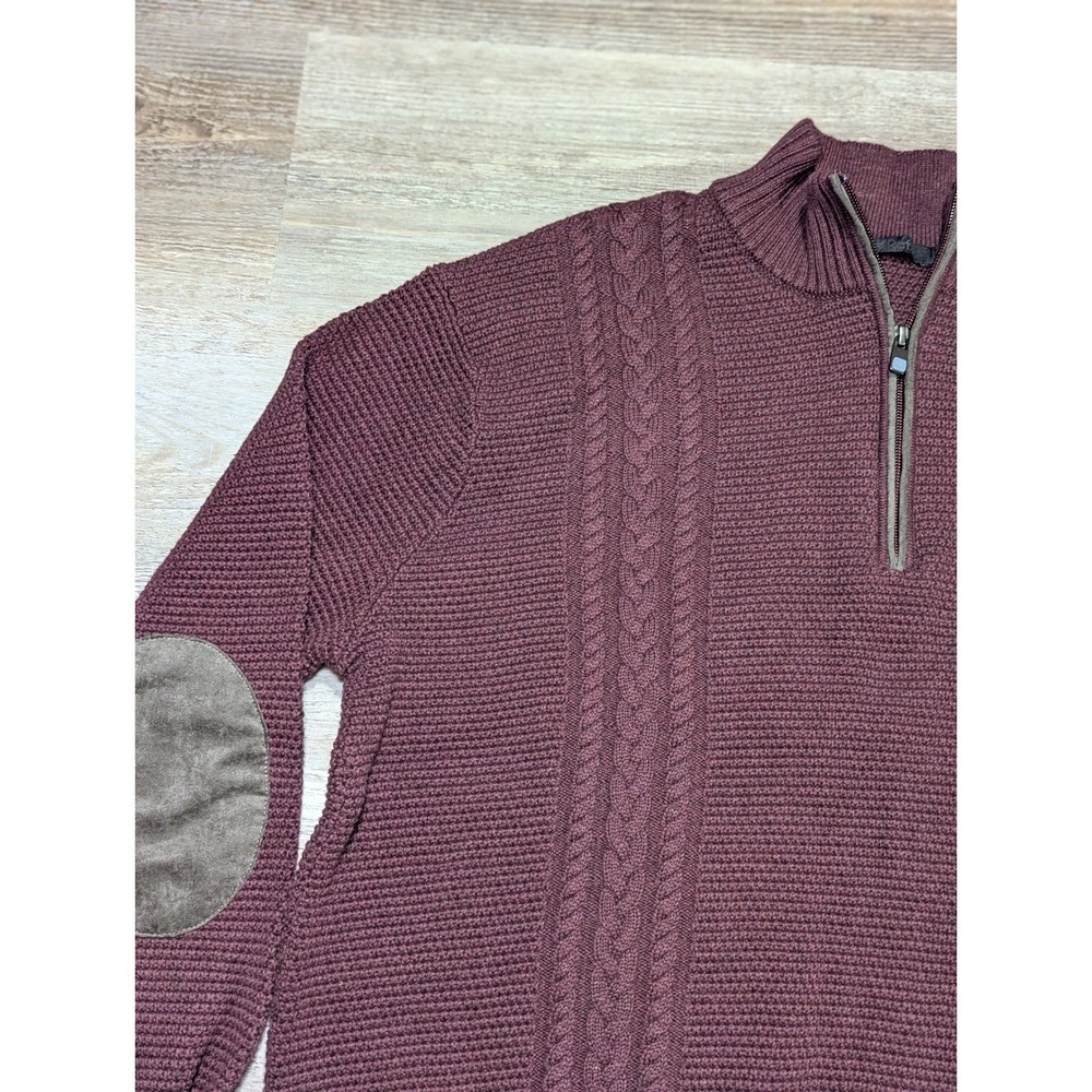Raffi Burgundy Cable Knit Quarter Zip Sweater Mens Size XL Suede Elbow Patches - Picture 8 of 13
